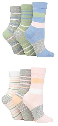 SockShop Ladies 6 Pair Socks - Soft, Breathable & Cooling Bamboo Socks with a Gentle Comfort Cuff in Plains and Stripes, Bright and Colourful Multipack Muted Stripe 4-8