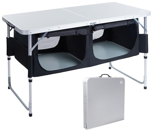 EVER ADVANCED Campingtisch Klappbar Alu Klapptisch 120 x 60cm Höhenverstellbar mit Stauraum 50KG Belastbar, Gartentisch für 4-6 Personen, Campingschrank Kleines Packmaß für Picknick Grillen Outdoor