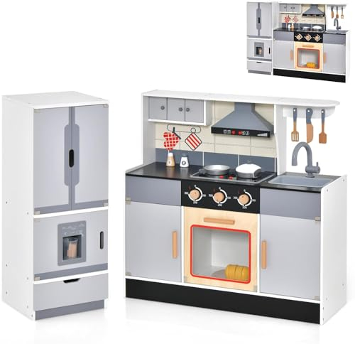 2-Piece Play Kitchen with Freestanding Refrigerator, Wooden Toy Set with Ice Maker, Sink, Range Hood with Light & Sound, Kids Playset for Toddlers, Gift for Boys Girls Age 3+