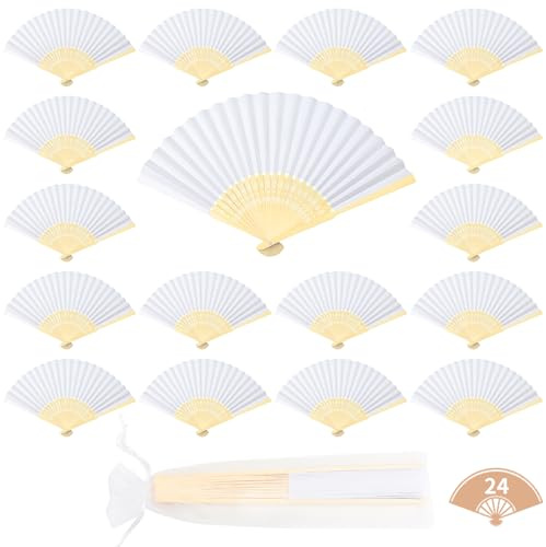 lalago 24 Stück Weiß Fächer Hochzeit, Papierfächer, Faltbare Handfächer | Fächer Papier, Weisse Bambus Faltfächer zum DIY Bemalen für Hochzeit Gäste Geschenk Geburttag Party DIY und Wand Dekoration