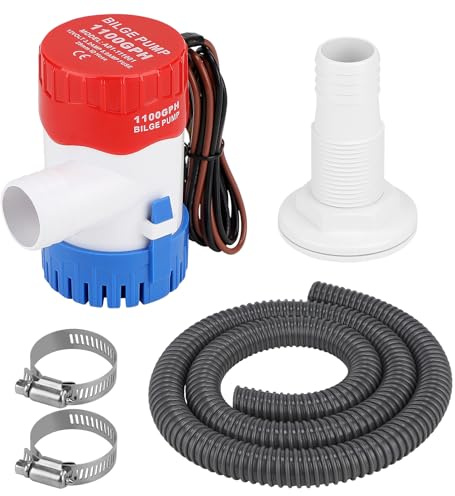 CPROSP Bilgenpumpe 12v 1100 GPH mit φ29mm Schlauch Non-Automatic mit 1x 1,88M Graue Schlauch & 2 Schlauchschellen,