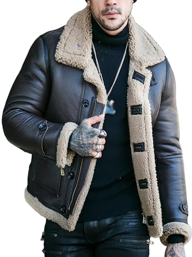 Aksah Fashion Herren Dunkelbraun Schaffell Shearling Pelz Lederjacke B3 Warmer Echtledermantel