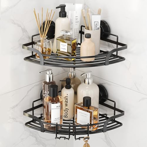 TAILI Corner Shower Shelves 2 Pack, Caddy With Suction Cup and Hooks, Heavy Duty Stainless Steel Basket Organizer for Bathroom, Rustproof Rack, Drill-Free Removable, Black