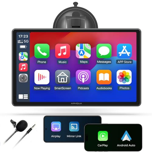 APHQUA Carplay-Bildschirm fürs Auto, 9 Zoll kabelloses A-pple Carplay und Android Auto-Autoradio, tragbarer Car Play-Touchscreen mit GPS-Navigation/Mirror Link/Bluetooth/FM/AUX/USB (A98RC)
