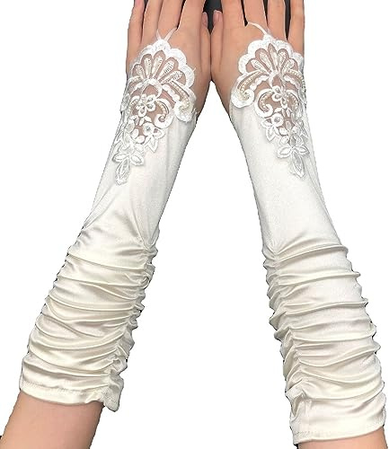 Blausky 1 Paar Damen Spitze Fingerlose Handschuhe,Braut Hochzeits Handschuhe,1920er Jahre Damen Kleidungs Zubehör,Lange Satin Handschuhe,für Abschlussball Teeparty Kostüm Zubehör,