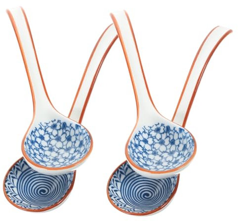 GARVALON Keramik Suppenlöffel 4 Stück Japanische Löffel mit Langem Griff Ergonomisches Design Geeignet für Suppe Brei Ramen Einzug Küche Essgeschirr