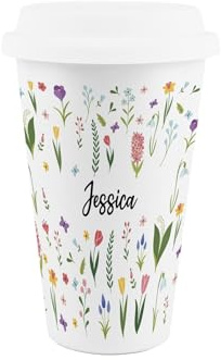 Purely Home Personalised Spring Flowers Ceramic Travel Mug - Custom Wildflower Meadow Reusable Silicone Lid Double-Walled Insulated Hot/Cold Drinks Cup Gift