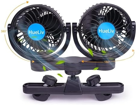 12V Auto Ventilator, 360° Drehbarer 4 Doppelkopf Lüfter mit 2 Geschwindigkeiten, Leise Elektrischer Lüfter für LKWs, Boote, SUVs, Wohnmobile – Sommerkühlung für Fahrzeuge