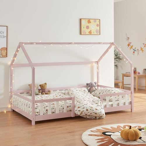 [en.casa] Kinderbett Sisimiut Hausbett Montessori 140 x 200 cm mit Rausfallschutz Holzbett für Kinder Bodenbett Lattenrost Kiefernholz Rosa/Weiß