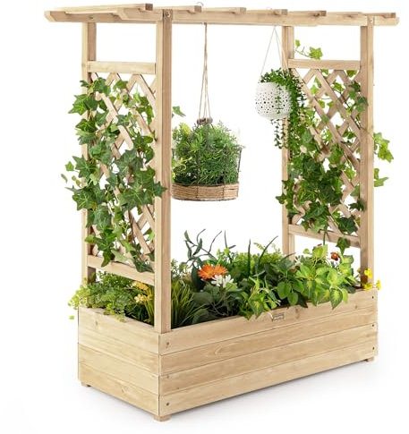 COSTWAY Fioriera da Esterno con Grigliato, Letto Rialzato da Esterno per Piante Rampicanti con Traliccio e Fori di Drenaggio, Aiuola Elevata da Giadino e Cortile, 100 x 44 x 113,5 cm (Naturale)
