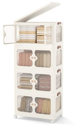 COSTWAY Aufbewahrungsbox mit Deckel 212 L, 4er Set Stapelboxen faltbar, Aufbewahrungsbehälter mit Rollen & transparenten Türen, Kunststoffbox Ordnungsboxen durchsichtig, Weiß