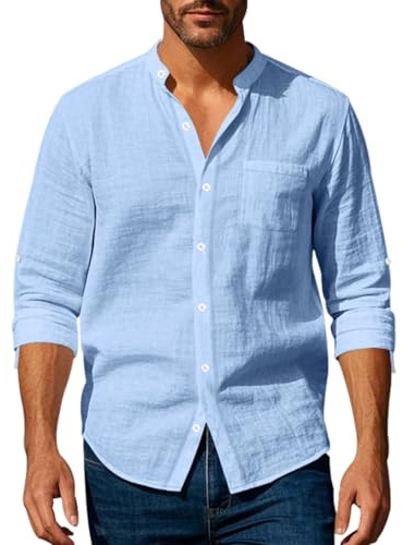Volemo Mens Linen Shirts Long Sleeve Grandad Shirt | Adjustable Cuffs, Band Collar, Chest Pocket, Button Closure, Relaxed Fit, Lightweight Breathable, Beach Holiday Daily Casual