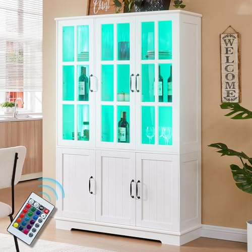 LUXOAK 180 cm Vitrinenschrank mit LED, 6 Türen, Acrylglas, Weiß