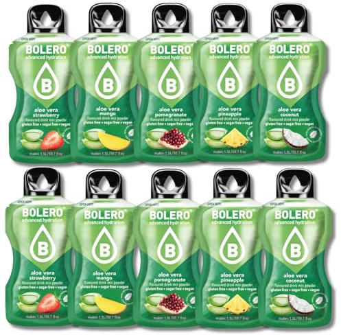 BOLERO MIX Aloe Vera | Assortiment de 10 sticks 9g de Poudre pour Boisson sans sucre à la Stevia | Sans Conservateur ni colorants artificiels, Faible en calories, il convient pour toute la Famille