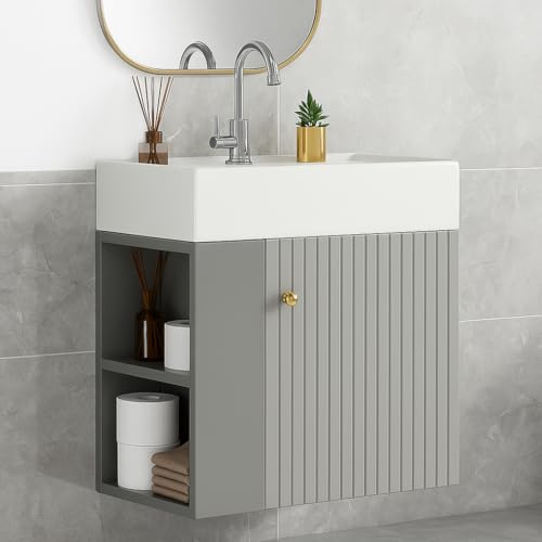 Merax Mobile bagno sospeso 50 cm con lavandino in resina – salvaspazio e compatto per bagno, lavanderia o toilette ospiti │ Design moderno a righe verticali (bianco e grigio)