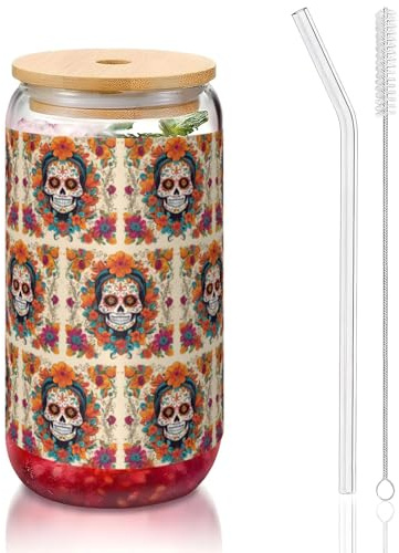 YBGHDAA 1 verre avec couvercle et paille Motif tête de mort florale 473 ml Idéal pour le whisky, la bière, le thé