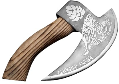 Hache Viking Décorative en Métal avec Manche en Bois, Motif Dragon Nordique Gravé, Style Médiéval (Silver Etched)