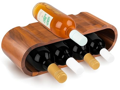 CROWNSHOP 2-Tier Wooden 8-Bottle Wine Rack, Freestanding Acacia Wood Wine Rack Storage Champagne Shelf Organizer Bottle Holder No Assembly Cabinet Glass Rack for Kitchen Bar Home Décor and Wines Gifts