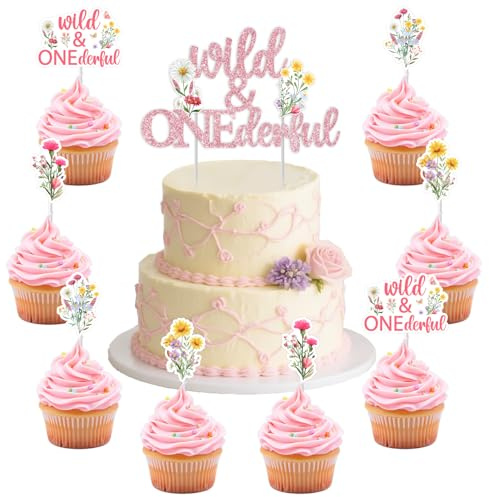 Funmemoir Wildflower 1st Birthday Party Decorations - Wild & Onederful Cake Topper and 24PCS Floral Cupcake Toppers, Boho Flower Our Little Wildflower Is Turning One Birthday Decor for Girls