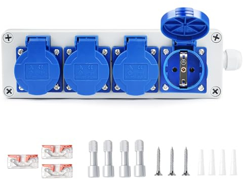BuyWeek Steckdosenverteiler 4 x 220V Baustromverteiler 16A Schutzart IP54 Wandverteiler Schuko Steckdosen Verteilerkasten Aufputz für Werkstatt, Innen- und Außenbereich (4-fach wasserdichte Box)