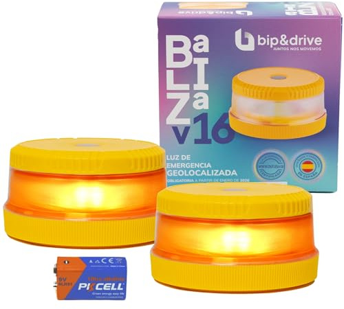 Baliza V16 Homologada DGT con Geolocalización | Luz de Emergencia Coche LED 360° 1km | Conectada DGT 3.0 | Resistente a la Lluvia | Indicador de Batería y Base Imantada | Bip&Drive (Pack x2)