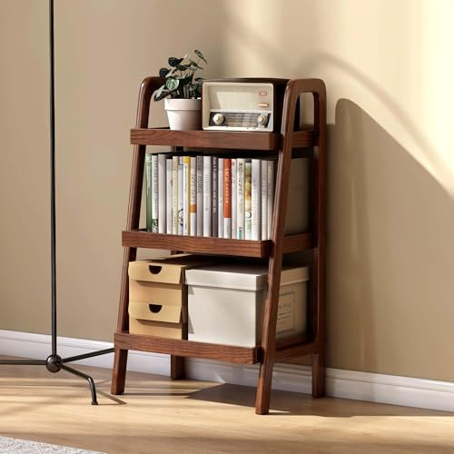 YESWOOD Leiterregal Eiche Massivholz mit 3 Ablagen 45x32x80 cm, Walnuss | Schmales Bücherregal, Standregal für Pflanzen, Bücher und Deko, Küchenregal Holzregal ideal neben Bett, Sofa oder an der Wand