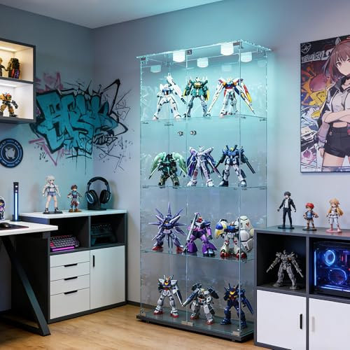 Vitrina de cristal con LED, 35 x 78 x 163 cm, armario de almacenamiento de vidrio sobre pie, 4 estantes, vitrinas para colección con 2 puertas y cerradura, vitrina templado moderno, para bar, cocina y