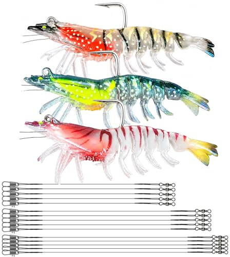 DONQL 3Stk Pre-Rigged Hecht Köder mit Haken, Angelköder mit 15 Stahlvorfach | 3D Realistische Bait mit Leucht Effekt, Swimbait Garnelen für Barsch, Forelle, Hecht, Zander
