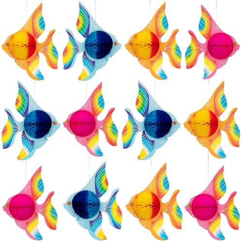 Peces de Papel, Peces Tropicales Decorativos Colgantes, Decoración Bolas de Papel, Bolas Nido de Abeja para Decoracion de Verano Fiesta Hawaiana Decoración Tropical (12PCS)