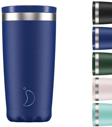 Chilly's Original Taza de Café - Taza Térmica Portátil para Bebidas Frías y Calientes - con Tapa - Taza de Doble Pared con Aislamiento al Vacío - Acero Inoxidable - Azul Mate, 500ml