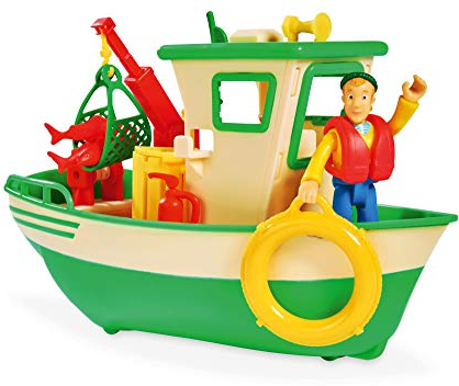 Simba 109251074 - Feuerwehrmann Sam Charlies Fischerboot, mit Charlie Figur, beweglicher Kran und mechanische Seilwinde, schwimmt auf dem Wasser, 19cm, für Kinder ab 3 Jahren