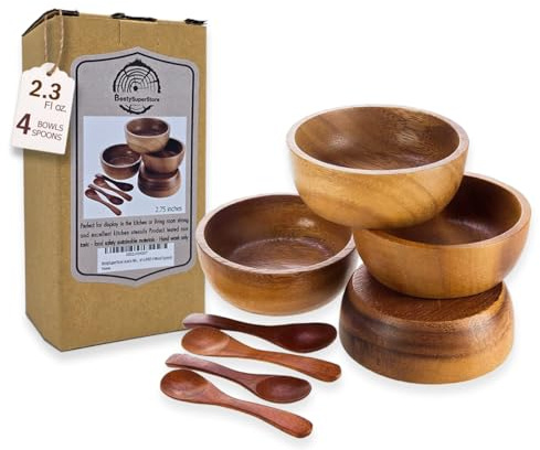 BestySuperStore Set of 4 Small Round Acacia Wooden Bowls 2¾ Inch Diameter 1½ High With Spoons - Stackable Mixing Bowl Salad Soup Snack Dip Sauce Charcuterie Wood Tableware Sets for Decor and Serving
