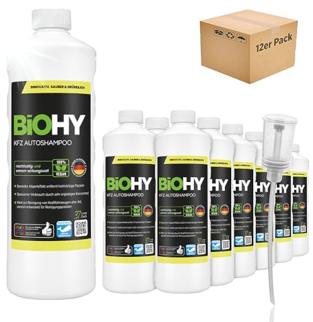 BiOHY KFZ Autoshampoo (12 x 1L) + Dosierer | Bio Autoreiniger für Hochdruckreiniger & Staubsaugerdüsen | biologisch abbaubares Konzentrat | schützt Lack | kraftvolle Tiefenreinigung