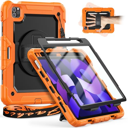 Timecity Hülle für iPad Air 5. / 4. Generation 2022/2020 10,9 Stoßfeste Displayschutz Schutzhülle mit Drehbarer Ständer -Stifthalter -Verstellbarer Handschlaufe - Schultergurt - Orange