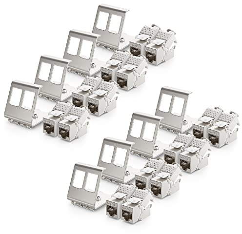 deleyCON 8x CAT6a Keystone Jack Module Avec 8x 2-Port Adaptateur Pour Profilé Chapeau Comme Set Métal STP Blindage RJ45 Femelle 10 Gbit/s Réseau Montage Snap-In Pour Profilés Chapeau 35mm