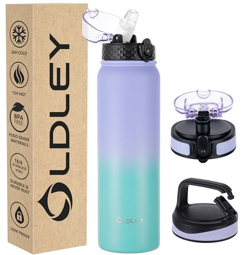 OLDLEY Edelstahl Trinkflasche mit Strohhalm 1L Isolierte flasche mit 3 Deckel Große Thermosflasche 1 Litre Auslaufsicher Halten Heiß Kalt für Sport Gym Camping Fahrrad (Lila Grün, 3 Deckel)