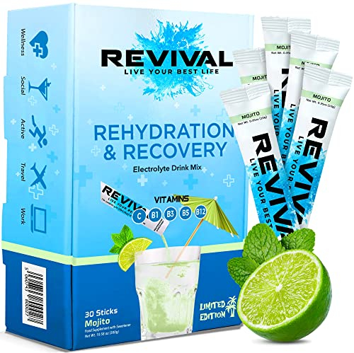 Revival Rapid Rehydration, Electrolytes Powder - High Strength Vitamin C, B1, B3, B5, B12 Supplement Sachet Drink, Effervescent Electrolyte Hydration Tablets - 30 Pack Mojito