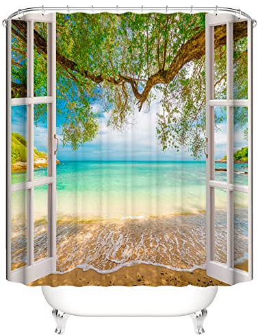 OCEUMACO 3D Strand Motiv Duschvorhang 200x200 Türkis Meer Fenster Shower Curtains Textil Antischimmel Wasserdicht Grün Baum Blätter Natur Duschvorhänge Badewanne Stoff aus Polyester Waschbar
