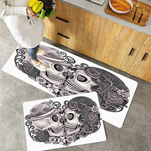 Küchenteppich Teppich Läufer Küchenläufer 2 Stück rutschfest,Gothic Decor, Art Totenkopf Mit Hut Allerheiligen Mexiko Kultur Festival Floral Illustrati, Waschbar für Flur Küche 40 x 100 cm+40 x 60 cm