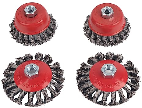 Drahtbürste für Winkelschleifer 4 Stück, Kegelbürste Topfbürste Gezopfte Schleifbürste, für Schleifer Drehwerkzeug Lacken Randmischung, Durchmesser 75mm und 100mm