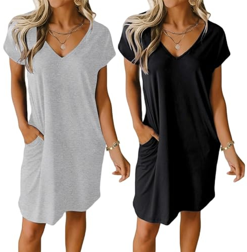 Ekouaer 2 Pack Nightgown for Womens Comfy Night Shirt Sleepshirt V Neck Pajama Dress Loungewear with Pockets