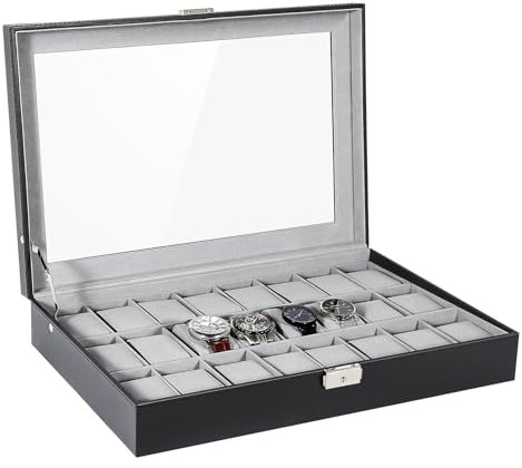 Uten Uhrenbox, 24 Fächer, Lederetui, Uhrenbox, Organizer, Schmuckaufbewahrung mit großem Glasdeckel, Uhrenschatulle für Damen und Herren