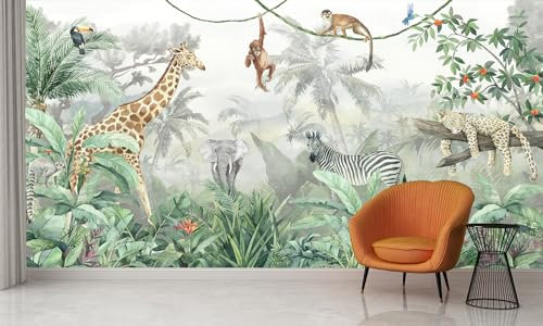 Audace Liberté Handmålad panoramisk tapet djur djungel silke 300 × 210 cm gigantisk tapet 3D vardagsrum sovrum matsal barnrum väggdekoration - apa, elefant, leopard