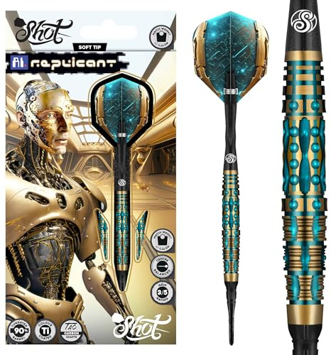 Shot! Darts AI Replicant - Juego de dardos de punta suave (20 g) | Barriles de 90% tungsteno | Revestimiento de titanio negro con peso central | Dardos de punta suave profesional para diana