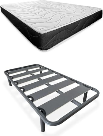 Somnia Descanso - Letto completo con materasso Bombay reversibile + rete a doghe rinforzate con 4 gambe cilindriche metalliche filettate, 90 x 190 cm