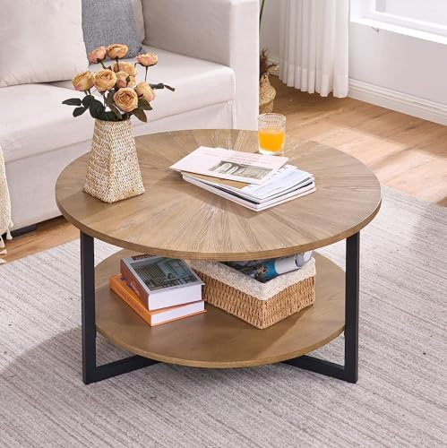 PADMA HOUSE Round Coffee Table with Storage, Farmhouse Solid Wood Circle Center Tables, Wood Tabletop & Metal Frame for Living Room (Yellowish Brown, 85D x 45.3H)