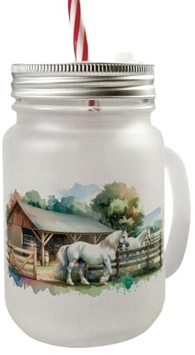speecheese Pferdestall mit zwei Pferden Mason Jar Henkel Trinkglas mit Deckel Pferde im Stall Motiv Reitsport Begeisterte Boxen Hintergrund Ideal für Pferdefreunde
