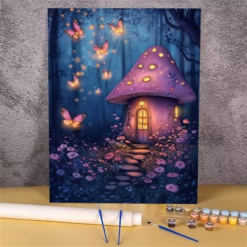 Mushroom Paint by Numbers for Adults, Butterfly Paint by Numbers, DIY Canvas Oil Painting Kit for Kids, with Paint Brushes Acrylic Pigment Drawing Paintwork Decor 17.7x23.6 cm Without Frame GH-802