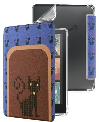 WALNEW Hülle für 7 Zoll Kindle Paperwhite 12. Generation 2024 und Kindle Colorsoft Signature Edition 1. Gen, Klarer Weicher TPU-Rücken Leichte Flexible Schutzhülle mit Auto Sleep/Wake, Schwarze Katze