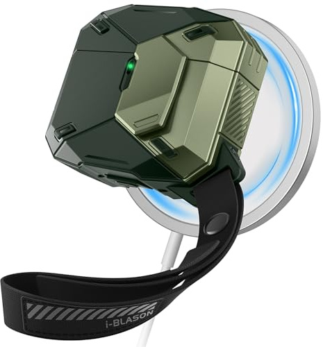 i-Blason Funda para Apple Airpods 4 [Matrix] [Bloqueo Automático Magnético] con Carga Inalámbrica MagSafe Protectora Militar con Cordón para Airpods de Cuarta Generación Case (Negro) (Verde)